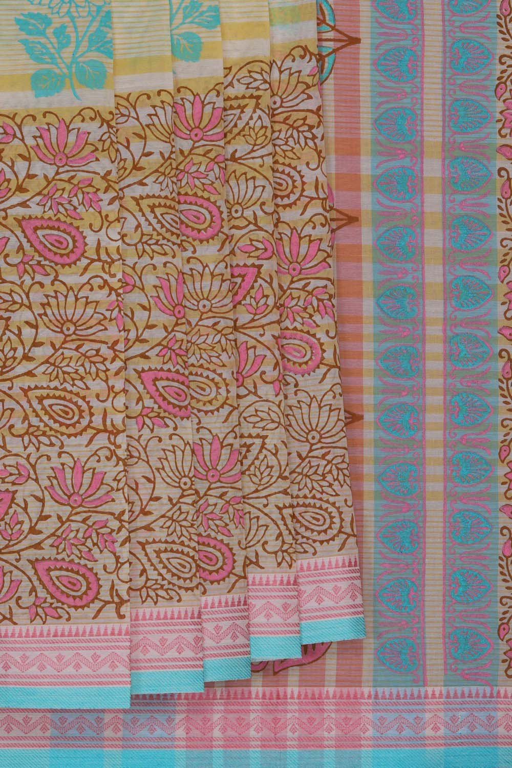 Image of Beige buta with floral jaal block printed south cotton saree