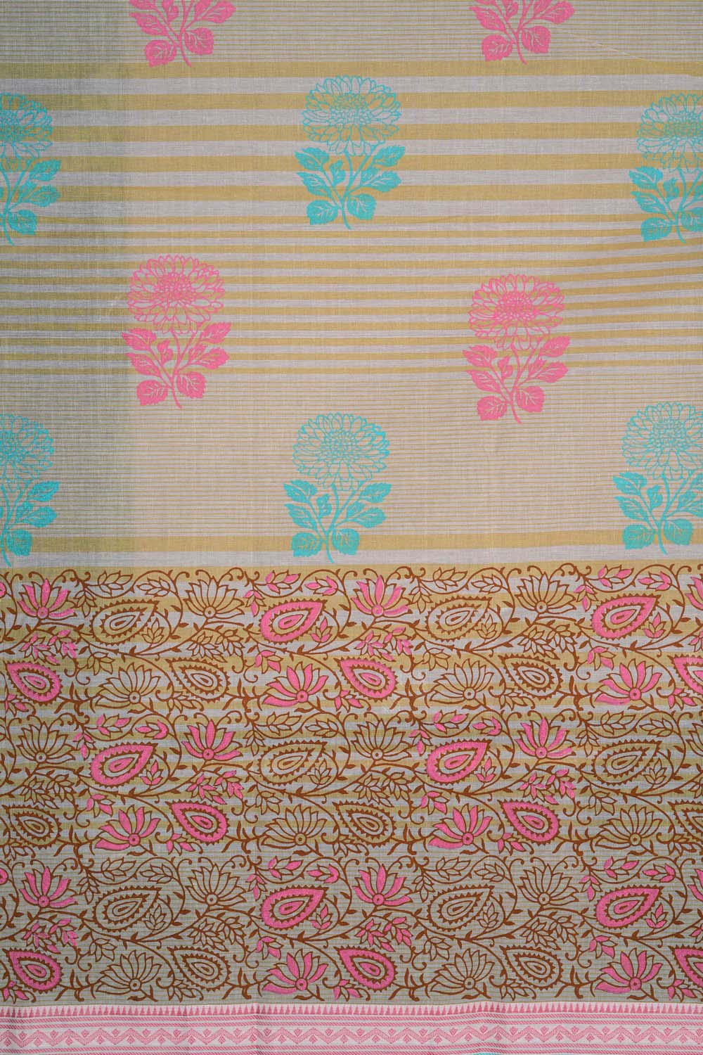 Image of Beige buta with floral jaal block printed south cotton saree