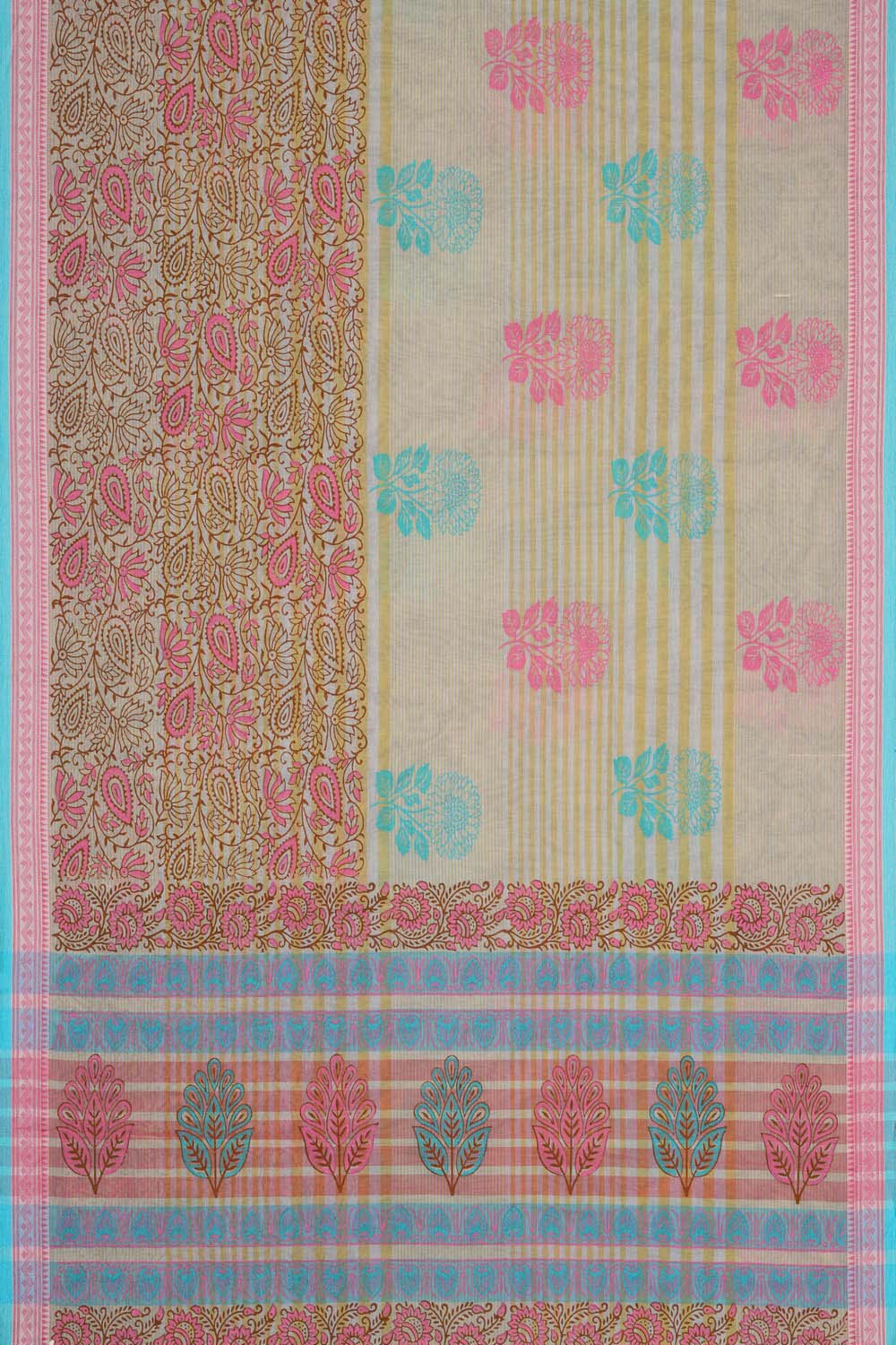 Image of Beige buta with floral jaal block printed south cotton saree