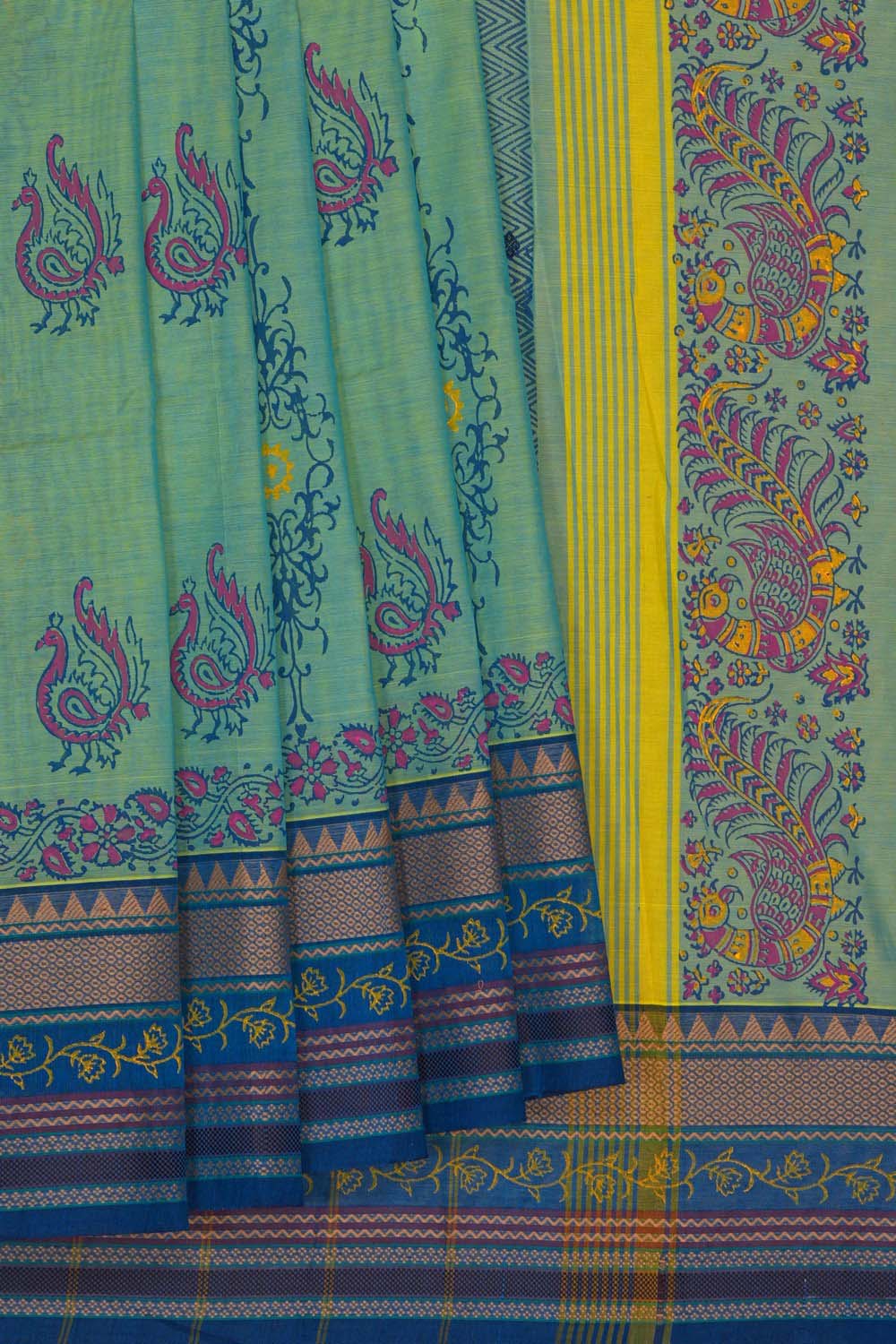 Image of Pista Green mayura block printed south cotton saree
