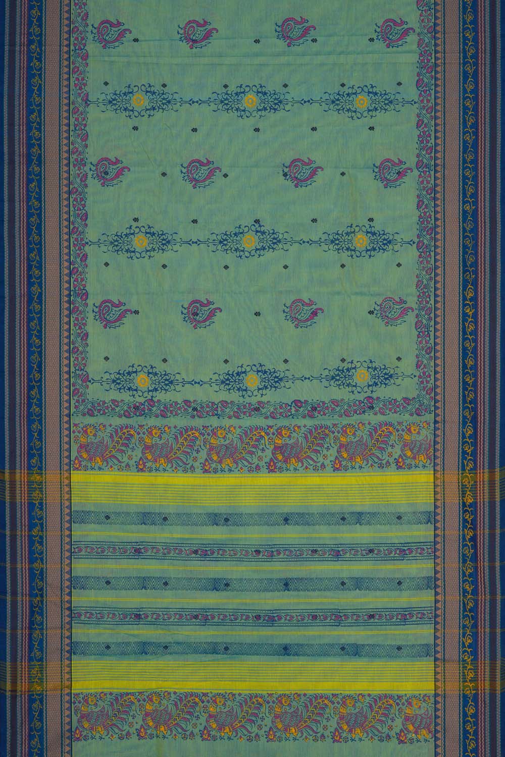 Image of Pista Green mayura block printed south cotton saree