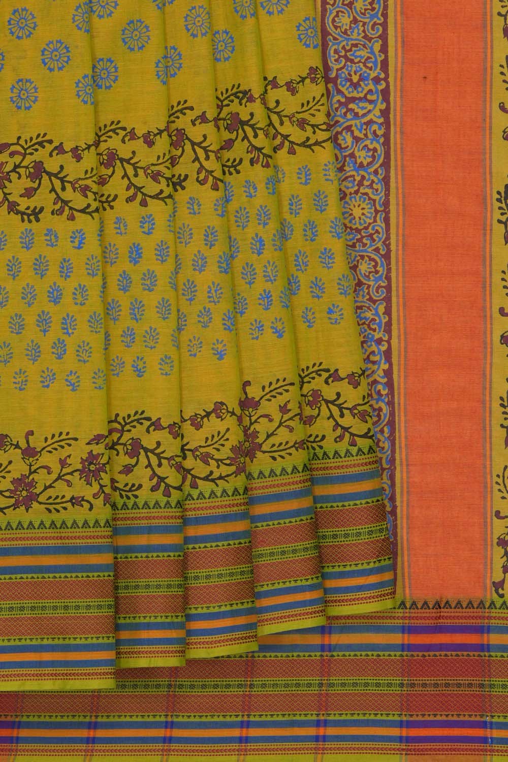Image of Yellow floral Buti block printed south cotton saree