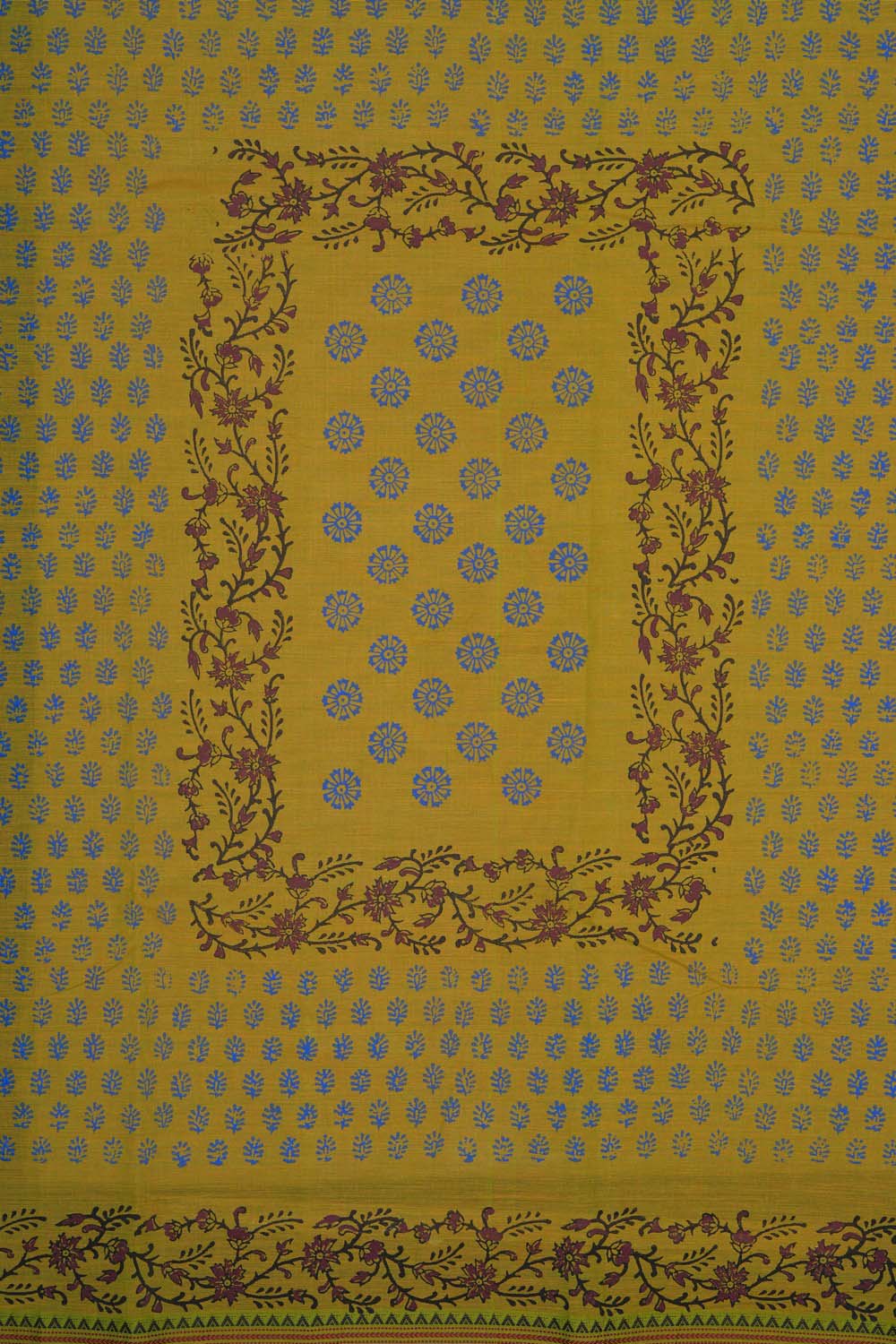 Image of Yellow floral Buti block printed south cotton saree