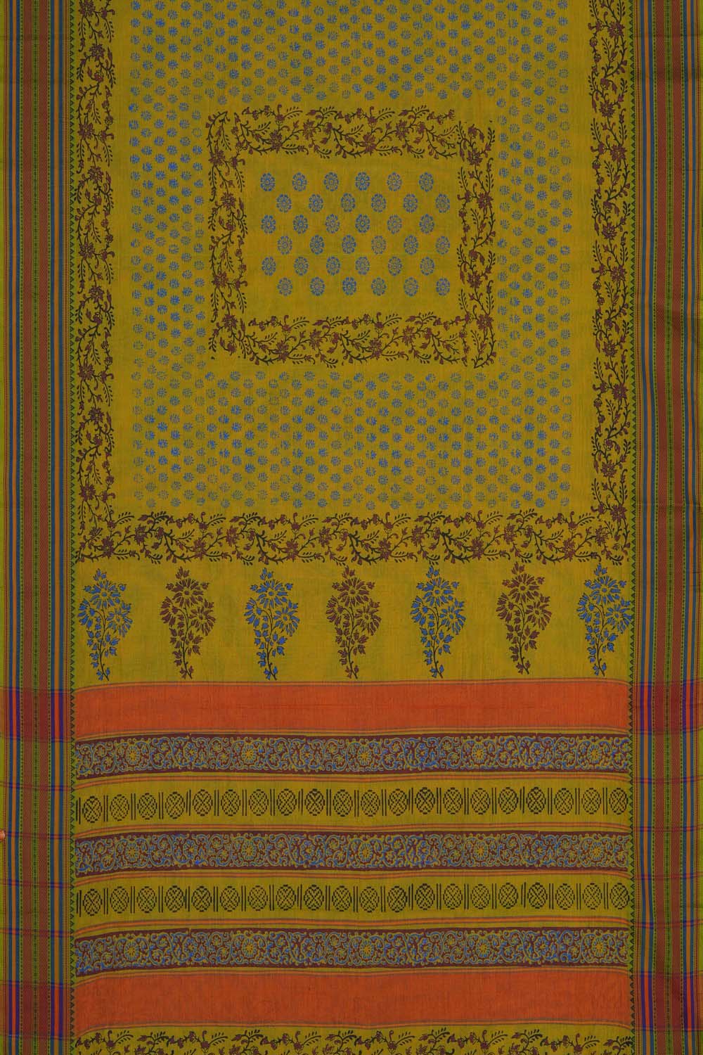 Image of Yellow floral Buti block printed south cotton saree