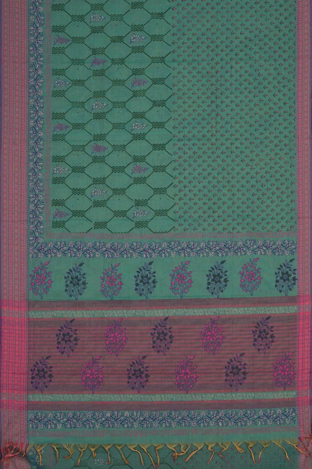 Image of Teal Blue Geometric & Floral block printed south cotton saree