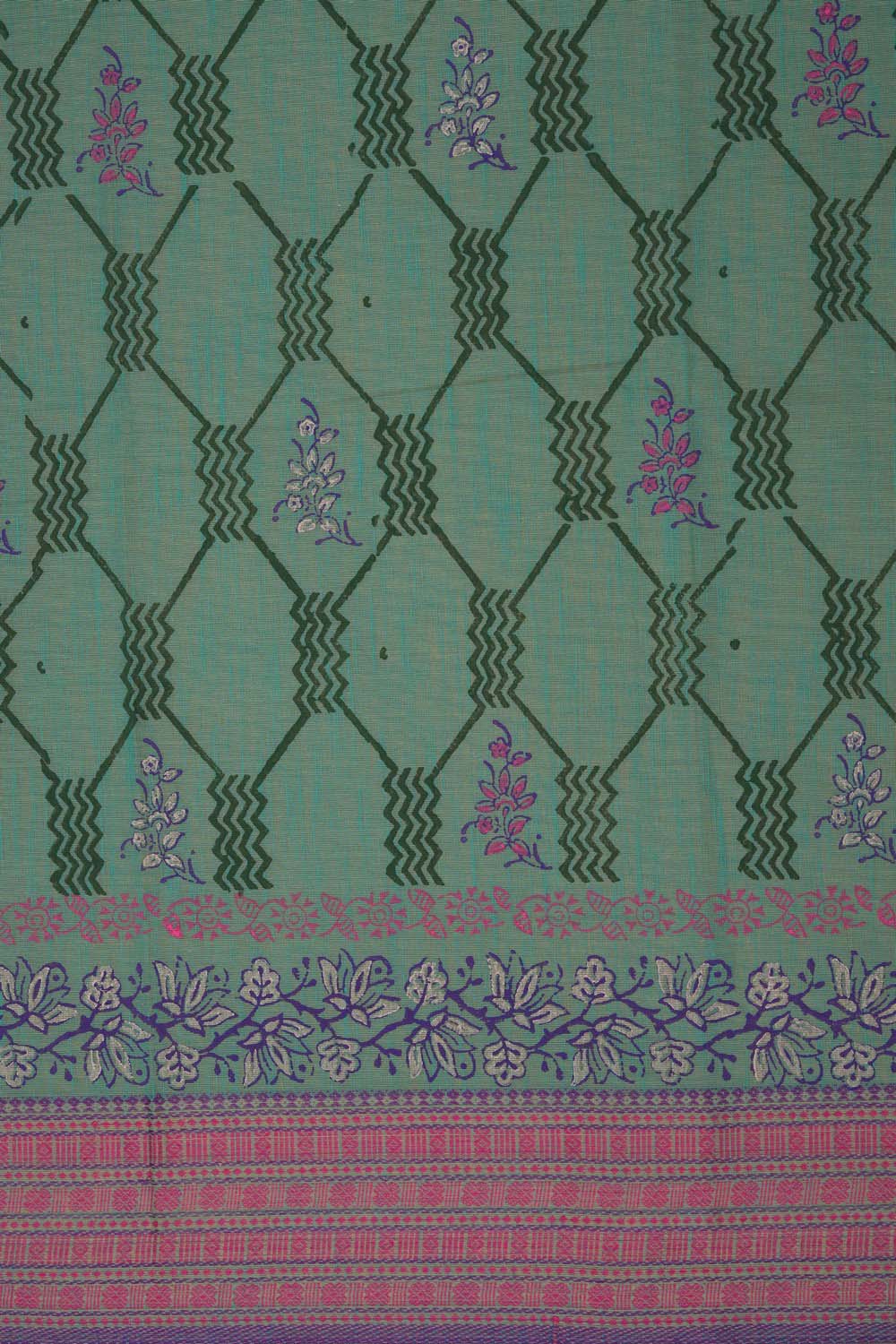 Image of Teal Blue Geometric & Floral block printed south cotton saree