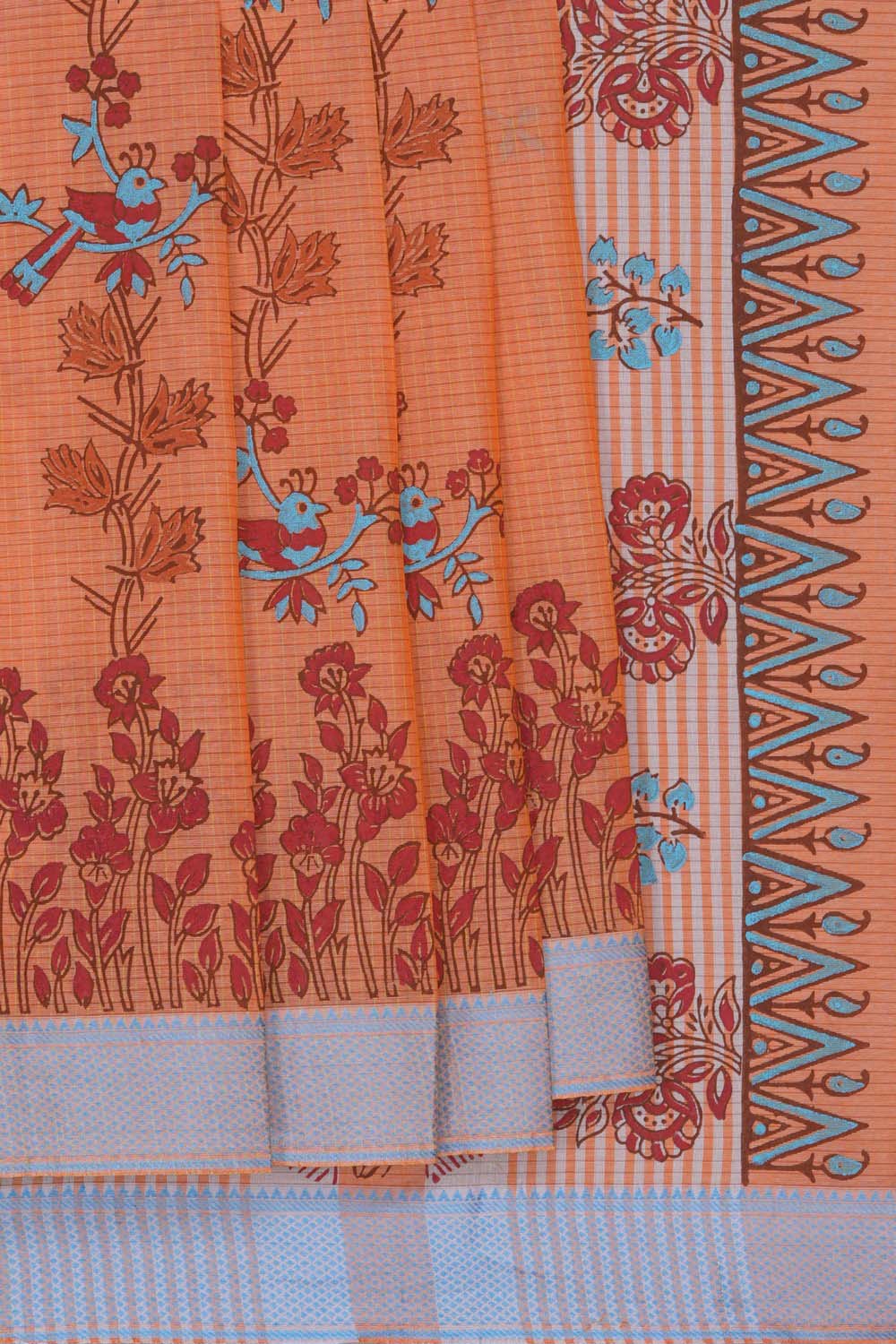 Image of Orange bird block printed south cotton saree