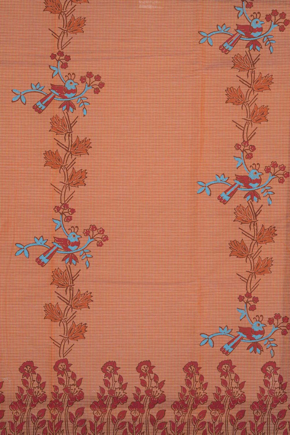 Image of Orange bird block printed south cotton saree