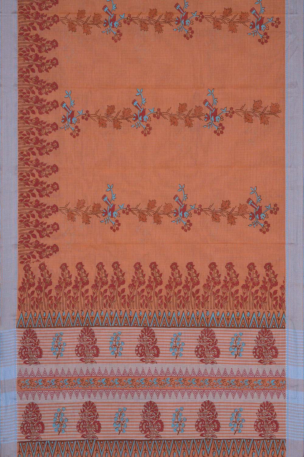 Image of Orange bird block printed south cotton saree