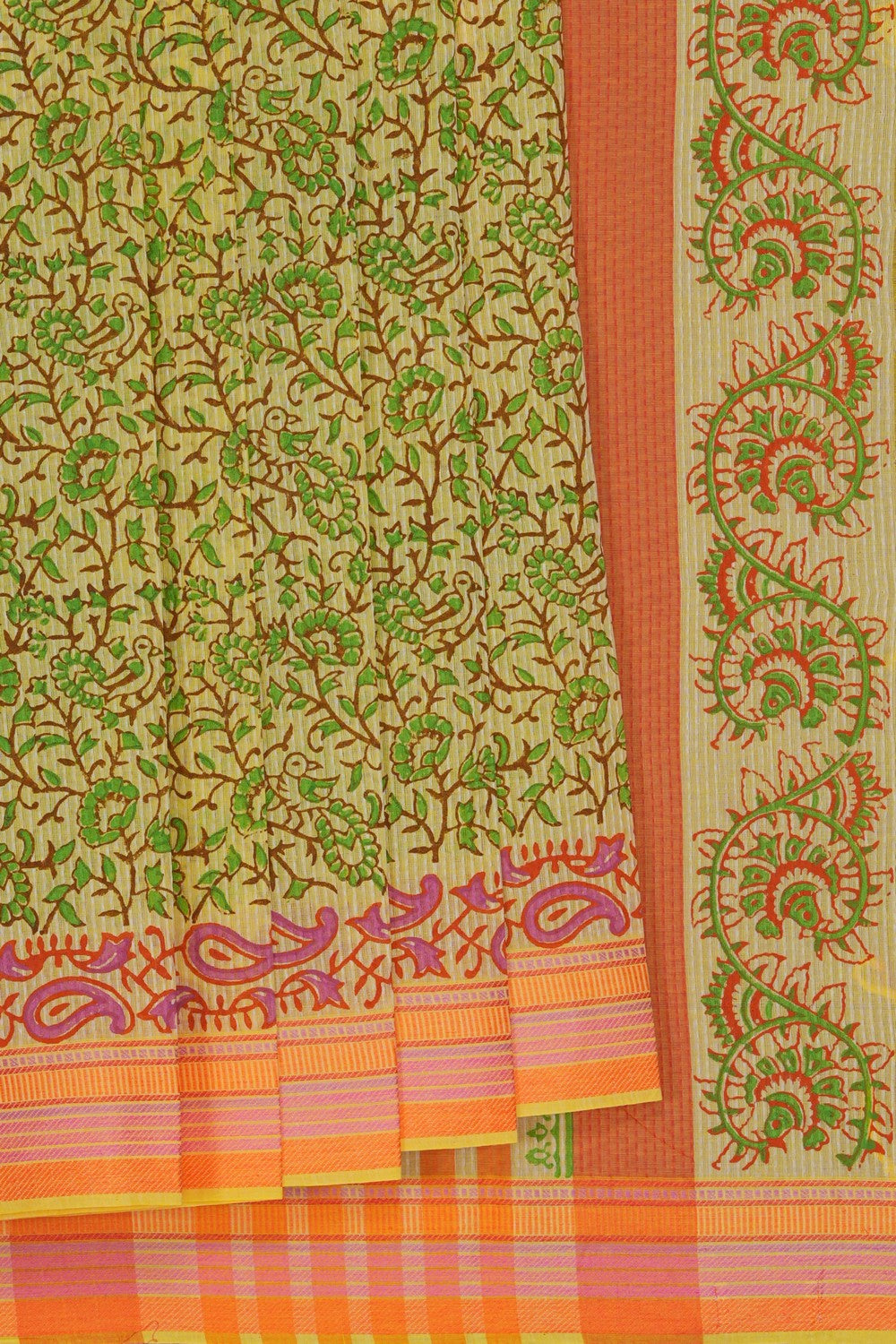 Image of Lemon Yellow Jaal block printed south cotton saree