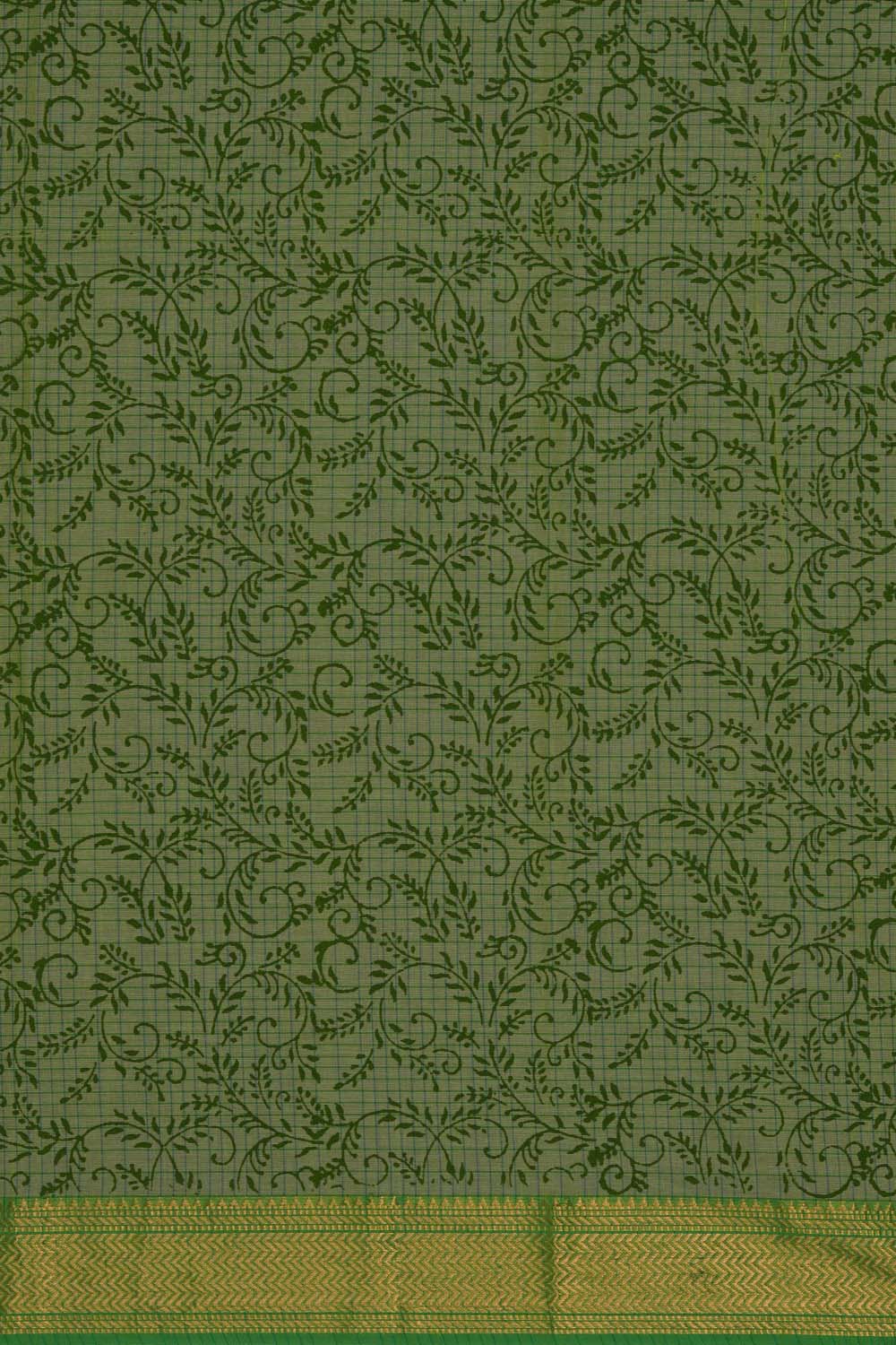 Image of Parrot Green with floral buta block printed cotton saree