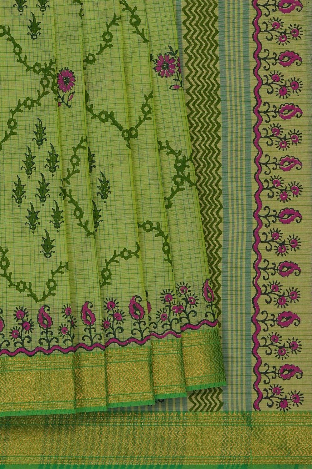 Image of Parrot Green with floral buta block printed cotton saree