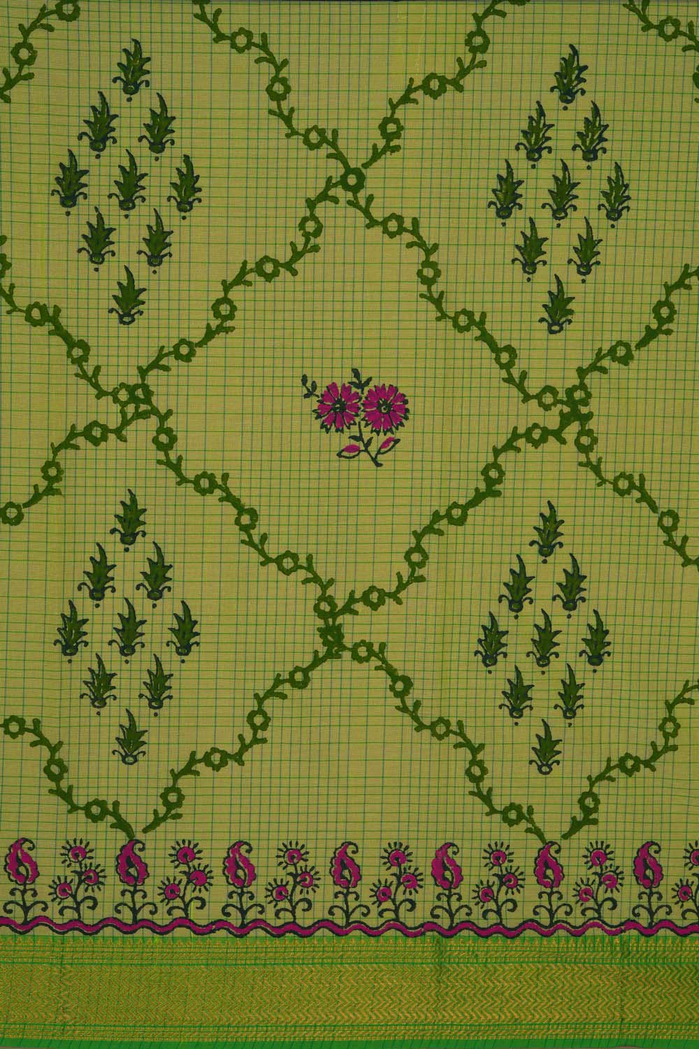 Image of Parrot Green with floral buta block printed cotton saree