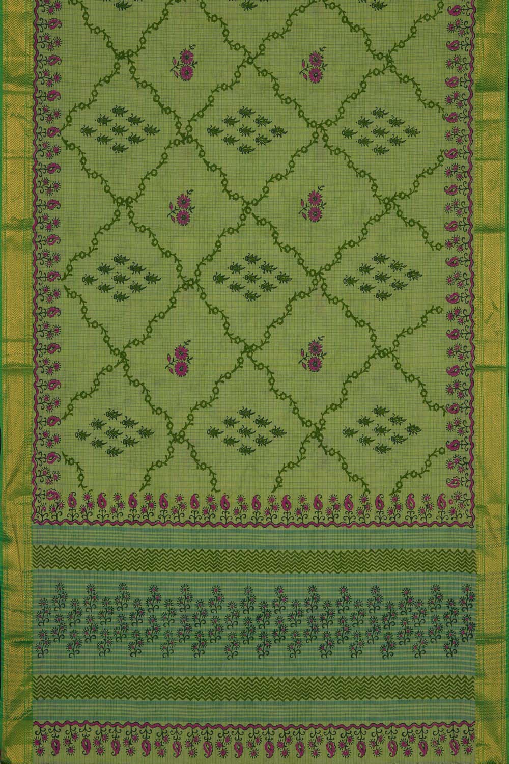 Image of Parrot Green with floral buta block printed cotton saree