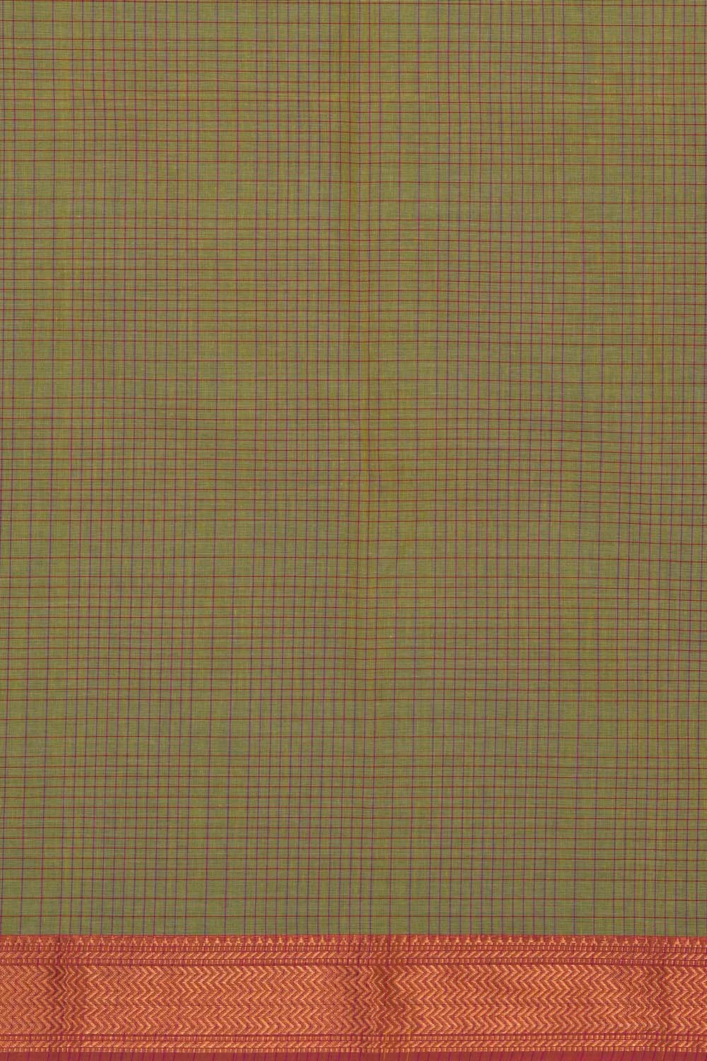 Image of Lemon Yellow checks floral block printed cotton saree