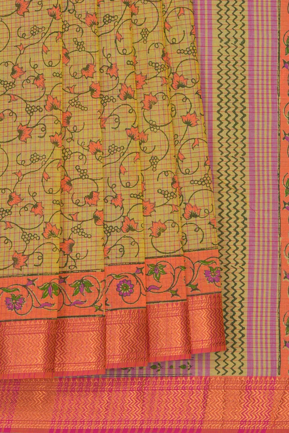 Image of Lemon Yellow checks floral block printed cotton saree