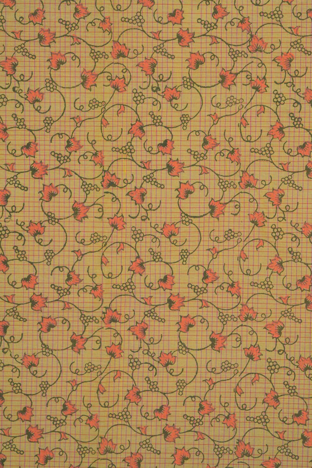 Image of Lemon Yellow checks floral block printed cotton saree