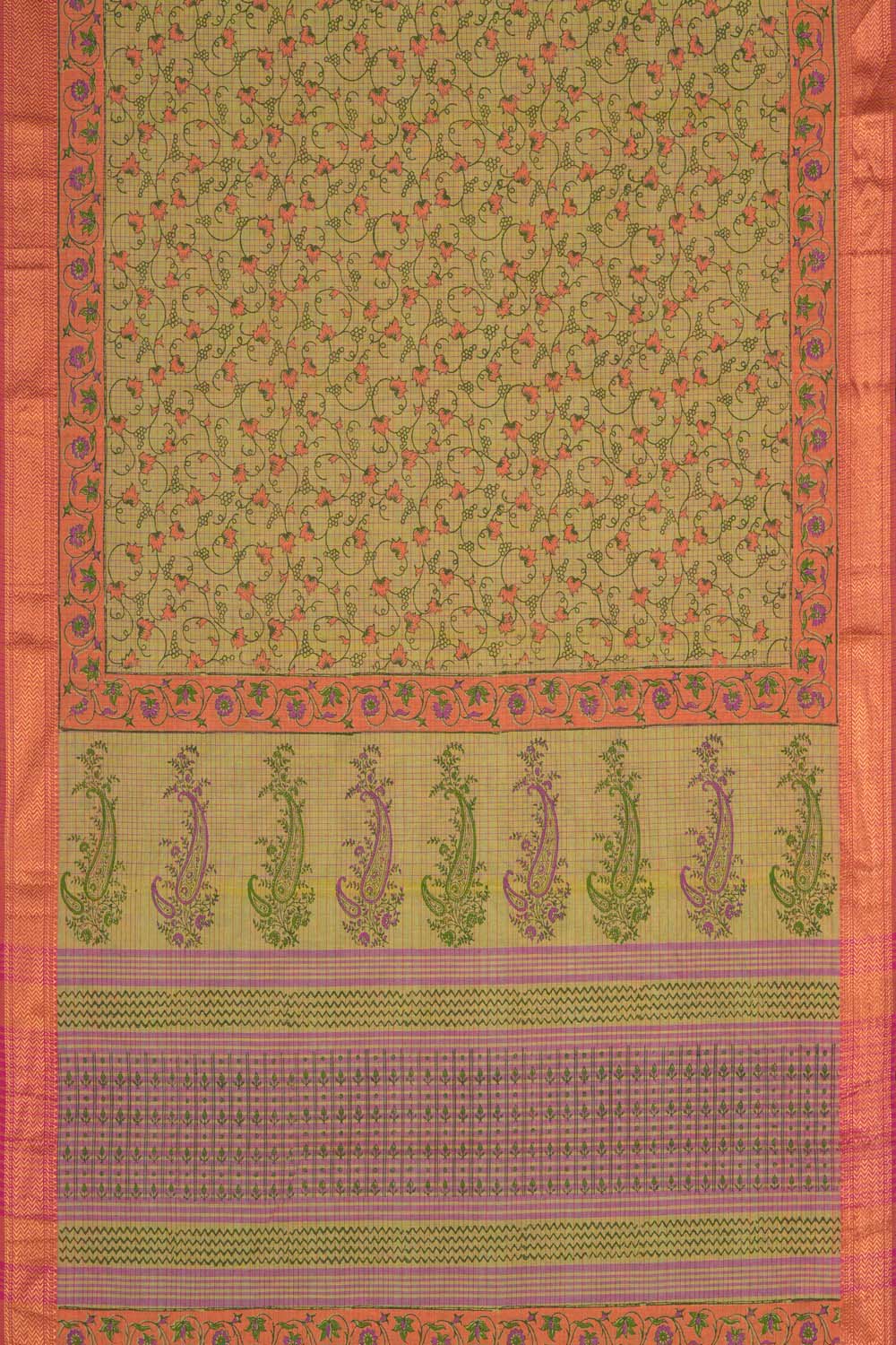 Image of Lemon Yellow checks floral block printed cotton saree