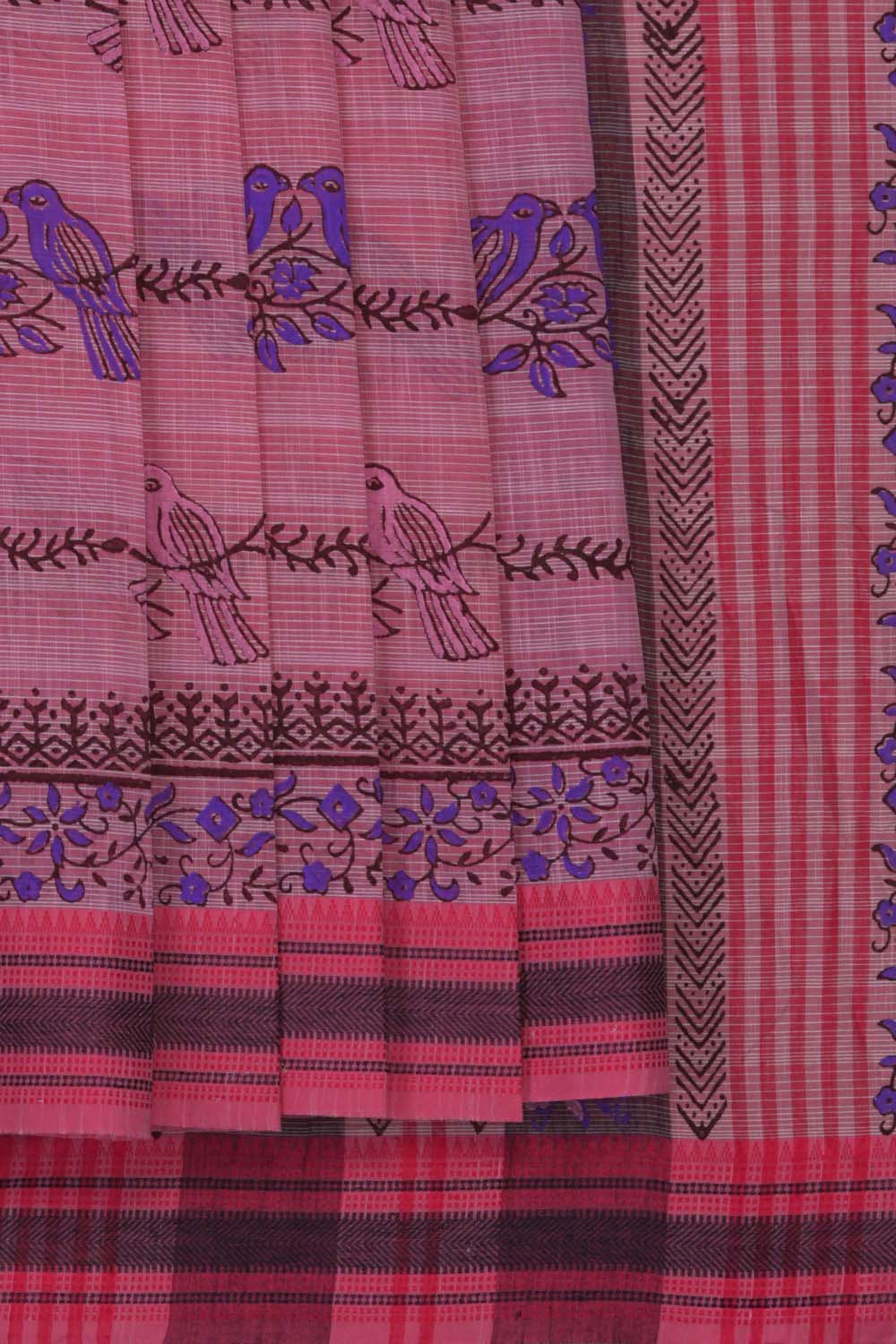 Image of Watermelon bird buta block printed cotton saree