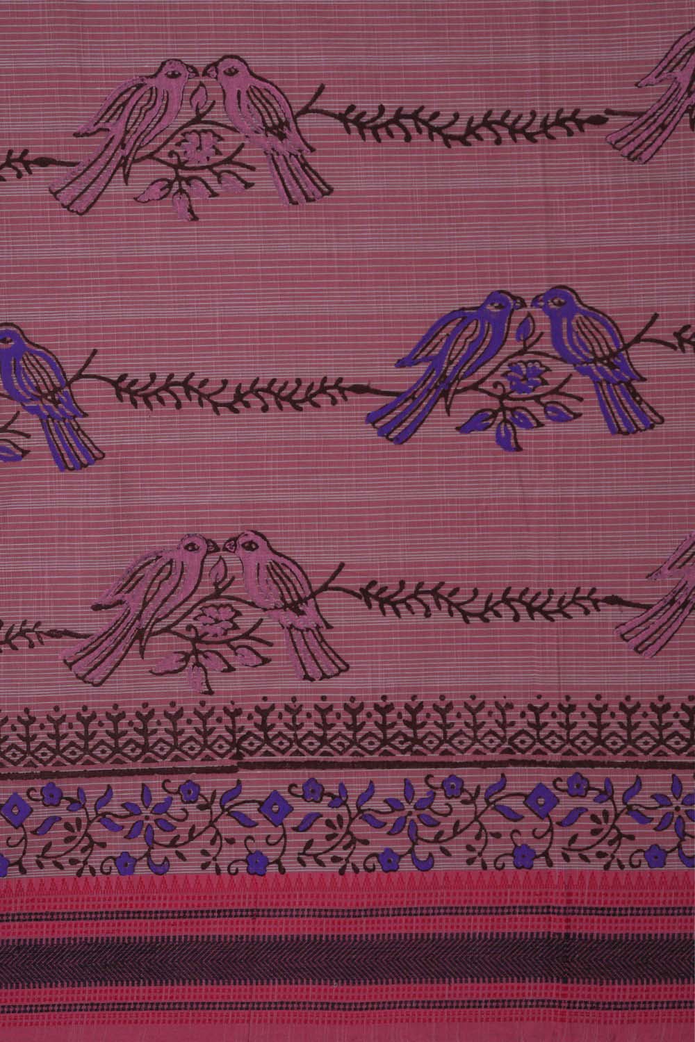 Image of Watermelon bird buta block printed cotton saree