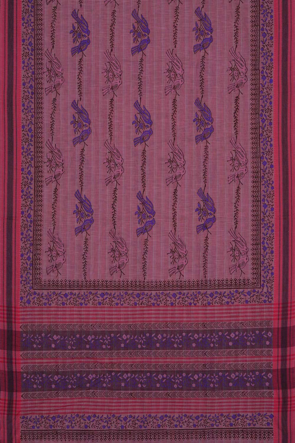 Image of Watermelon bird buta block printed cotton saree
