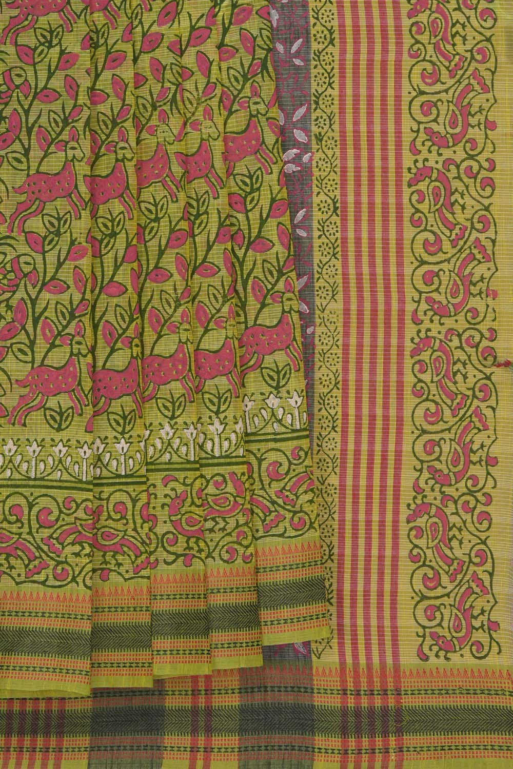 Image of Parrot & Deer jaal block printed south cotton saree