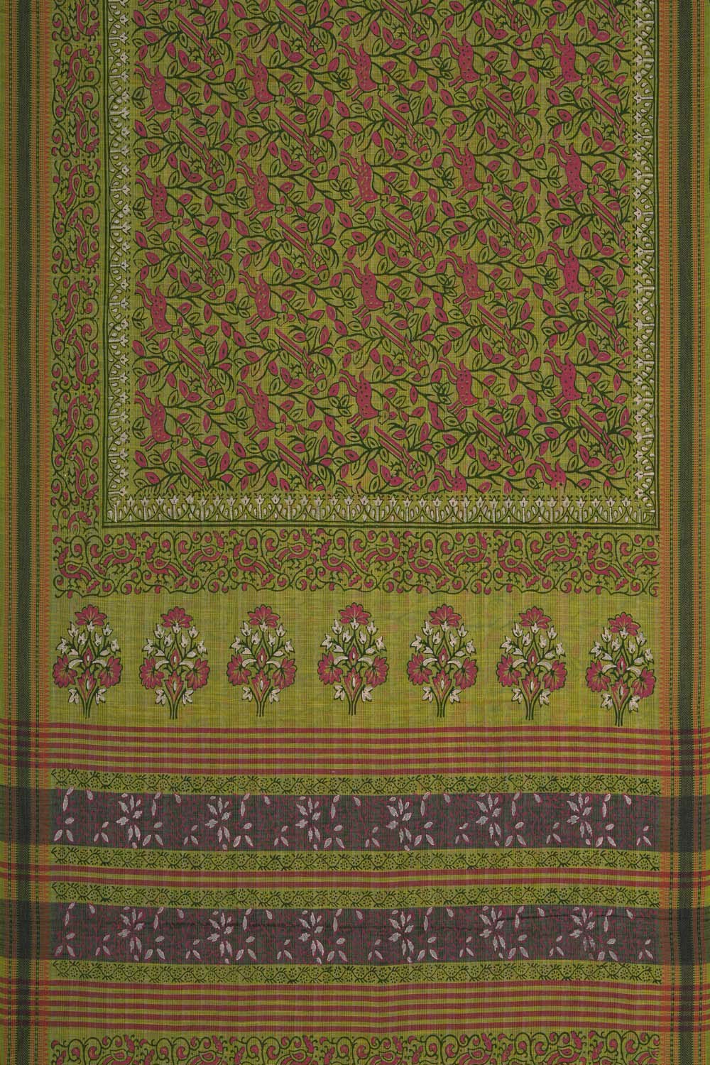 Image of Parrot & Deer jaal block printed south cotton saree