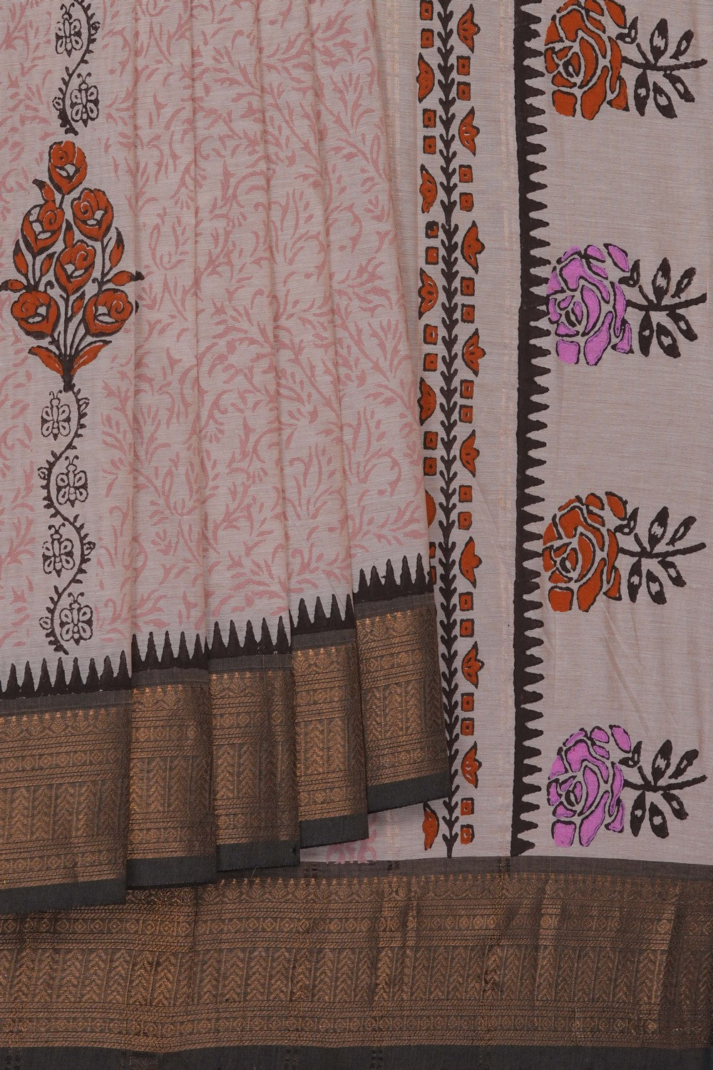 Image of Beige floral jaal with buta block printed cotton saree