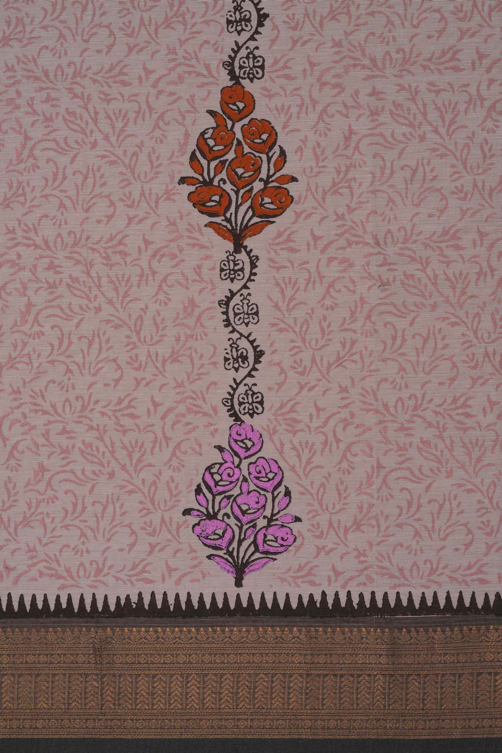 Image of Beige floral jaal with buta block printed cotton saree