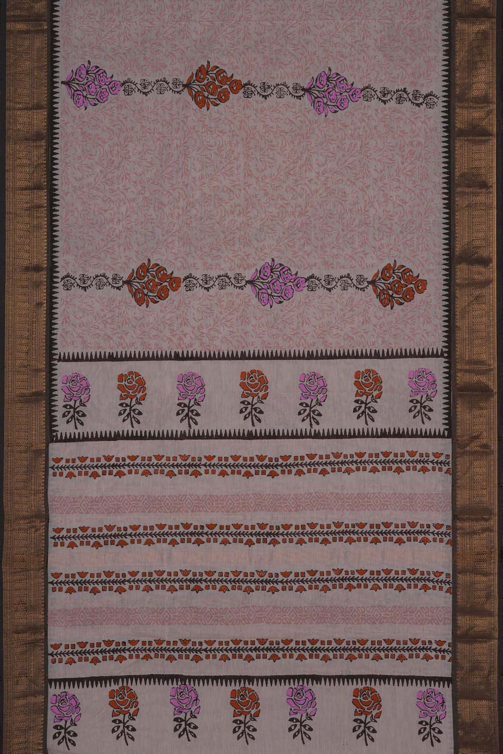 Image of Beige floral jaal with buta block printed cotton saree