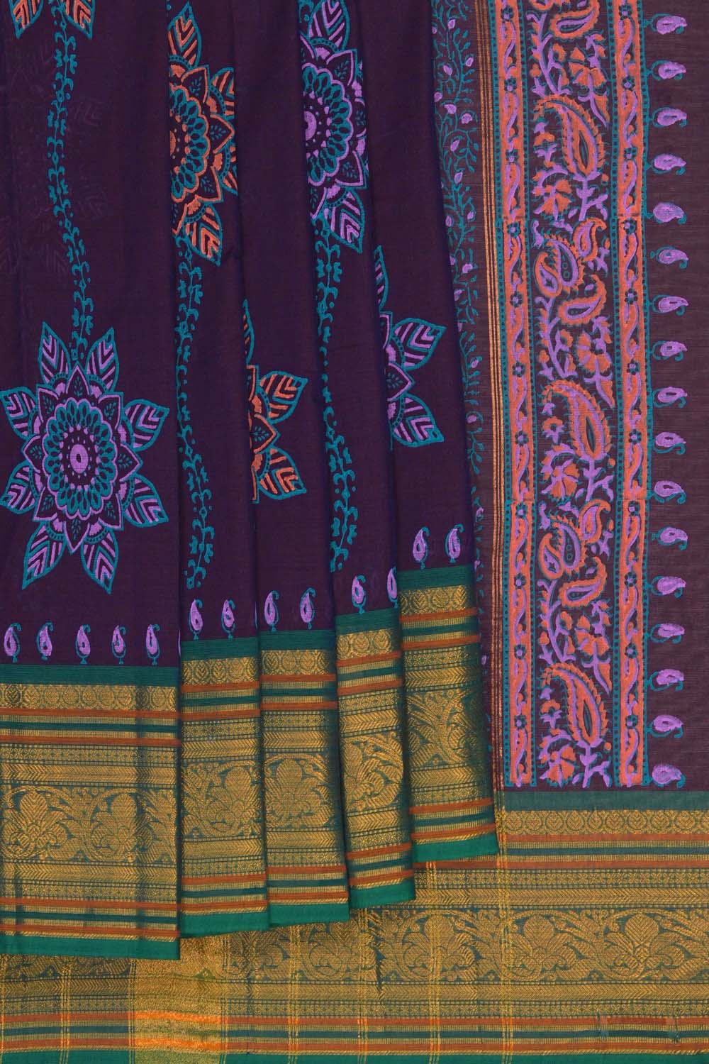 Image of Purple Mandala floral block printed south cotton saree