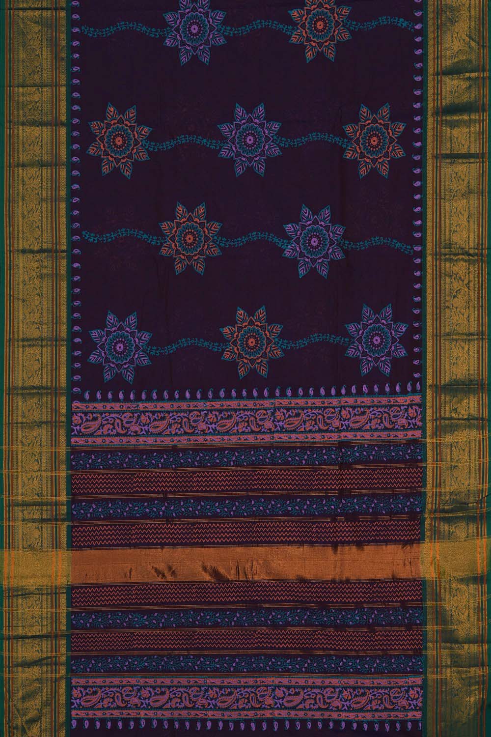 Image of Purple Mandala floral block printed south cotton saree