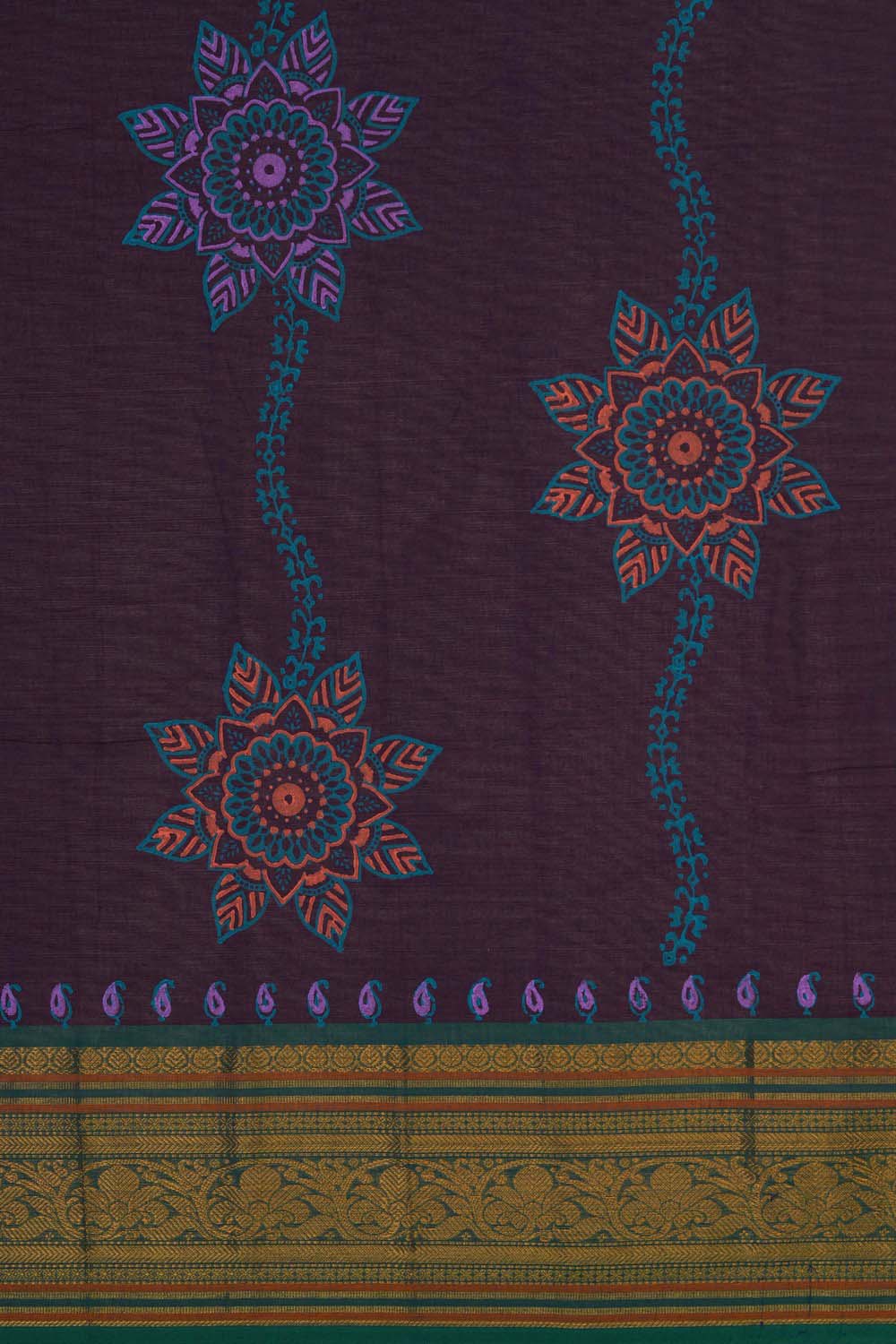 Image of Purple Mandala floral block printed south cotton saree