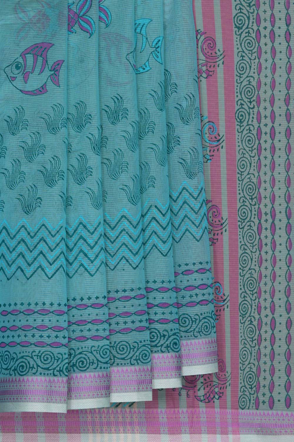 Image of Aqua Blue sea life block printed south cotton saree