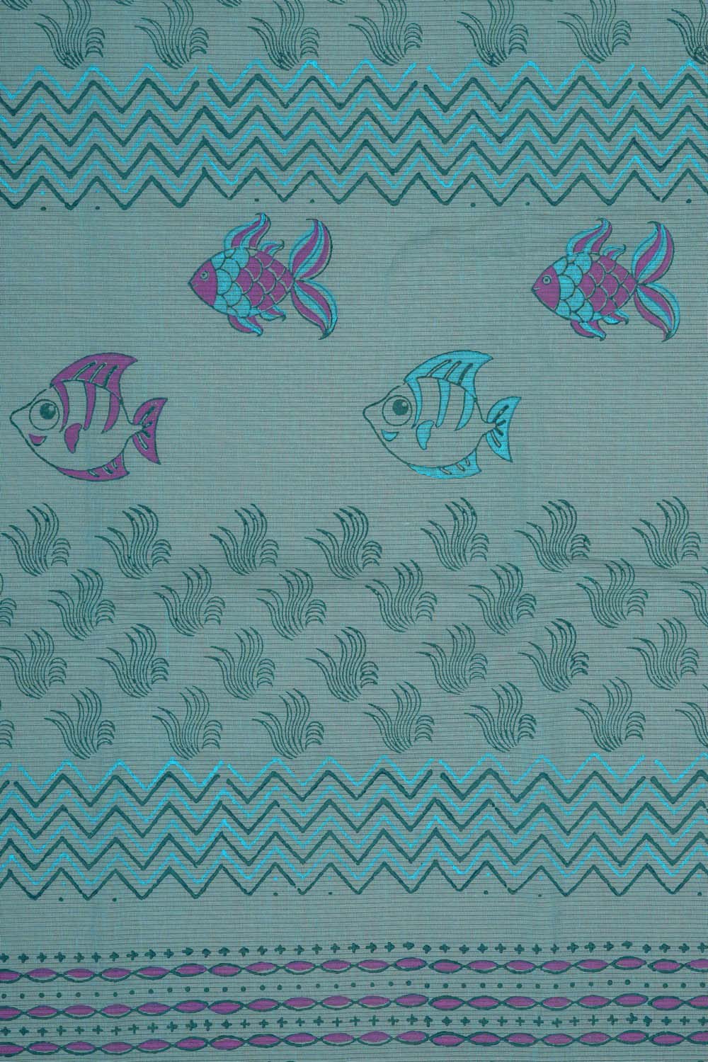 Image of Aqua Blue sea life block printed south cotton saree