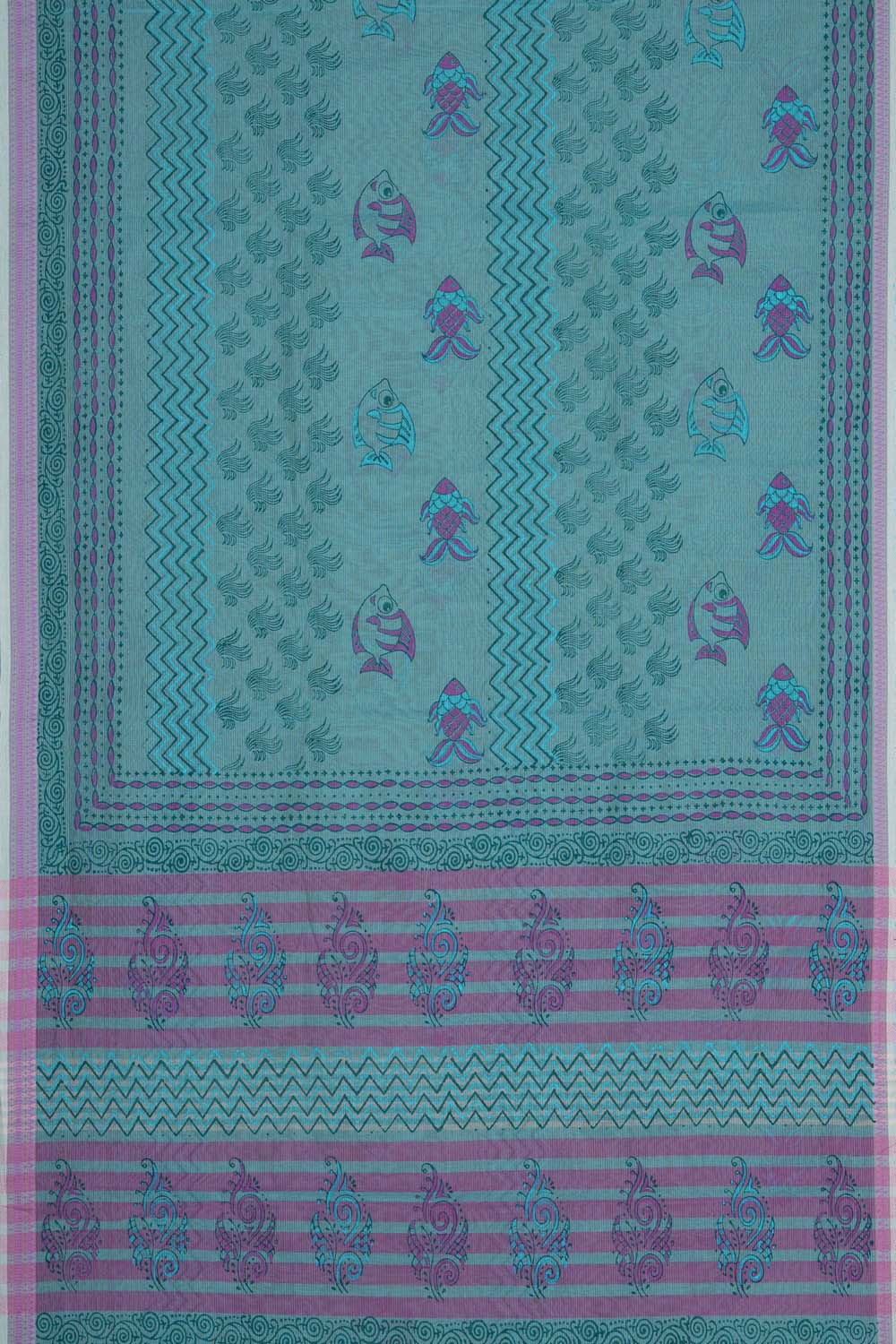 Image of Aqua Blue sea life block printed south cotton saree