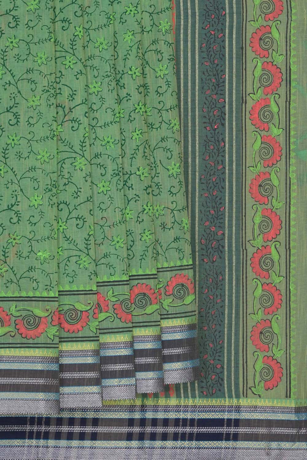 Image of Mint Green butterfly block printed south cotton saree