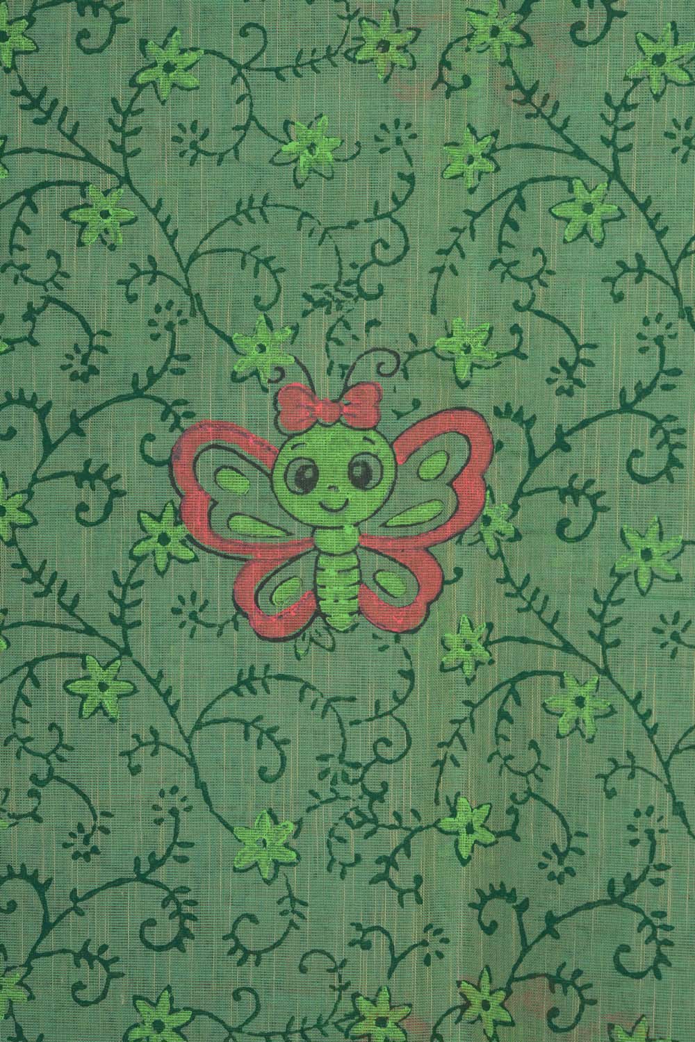 Image of Mint Green butterfly block printed south cotton saree