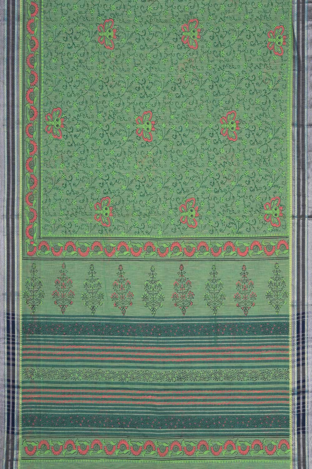 Image of Mint Green butterfly block printed south cotton saree