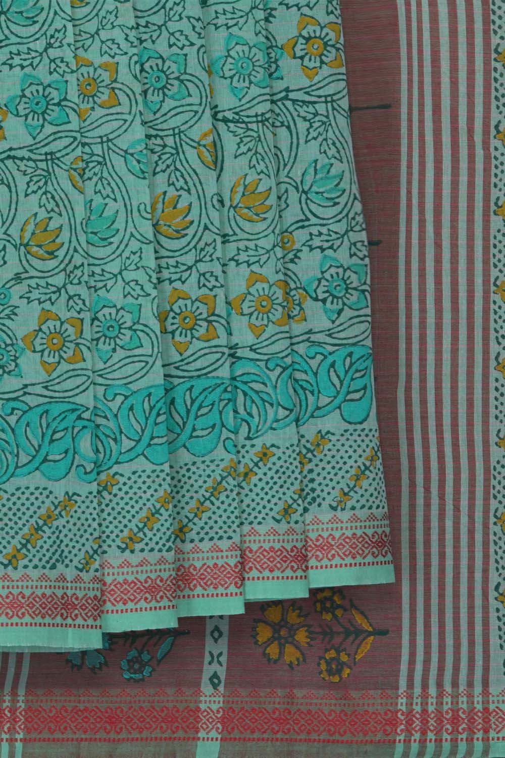 Image of Teal Green floral jaal block printed cotton saree