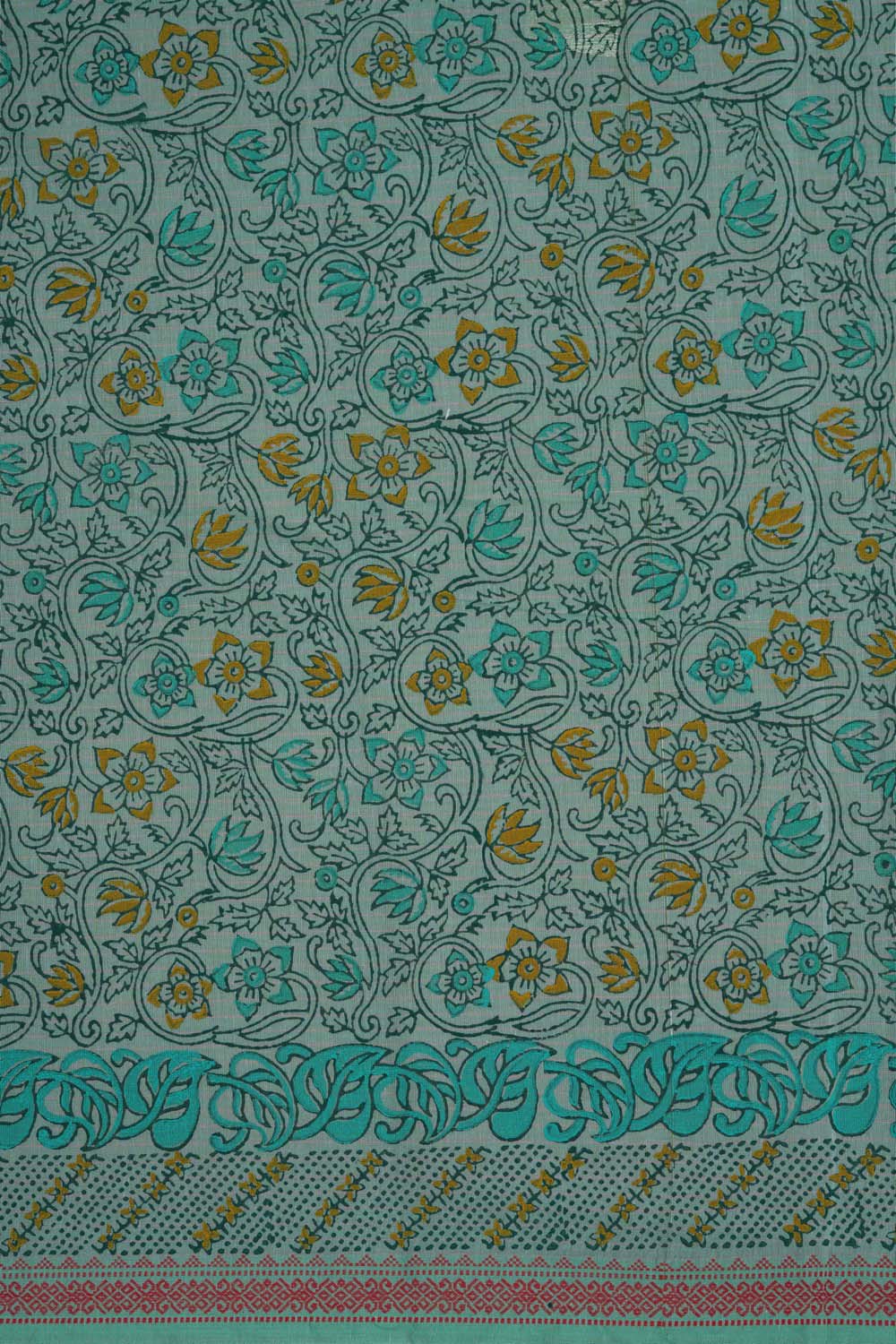 Image of Teal Green floral jaal block printed cotton saree