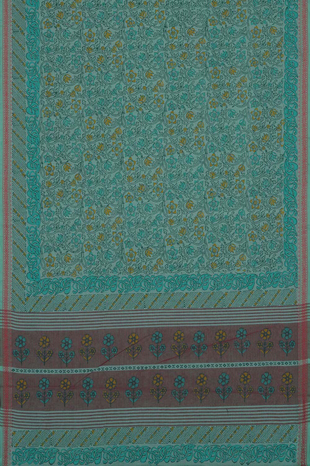 Image of Teal Green floral jaal block printed cotton saree