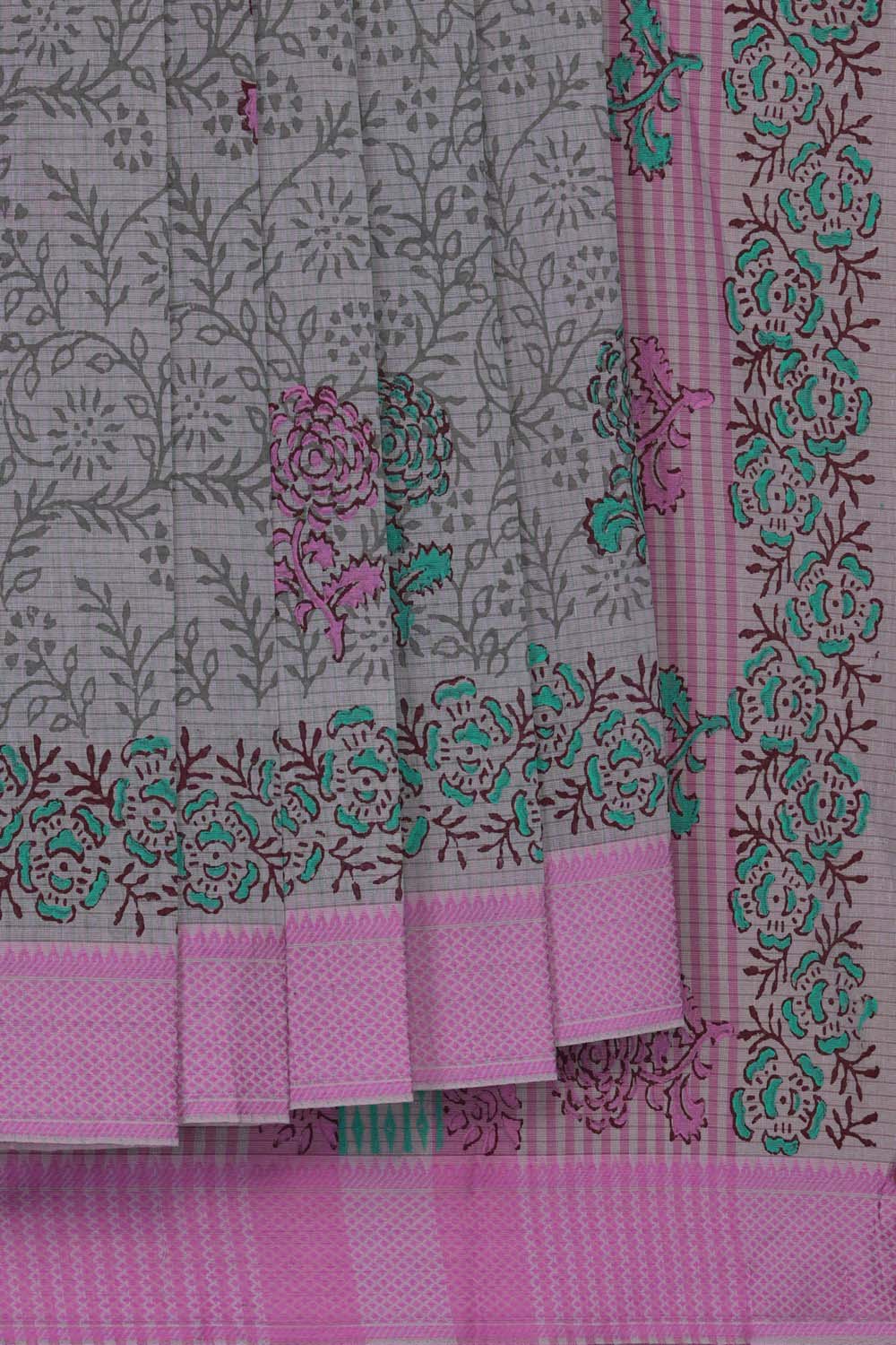 Image of Gray floral jaal with buta block printed cotton saree