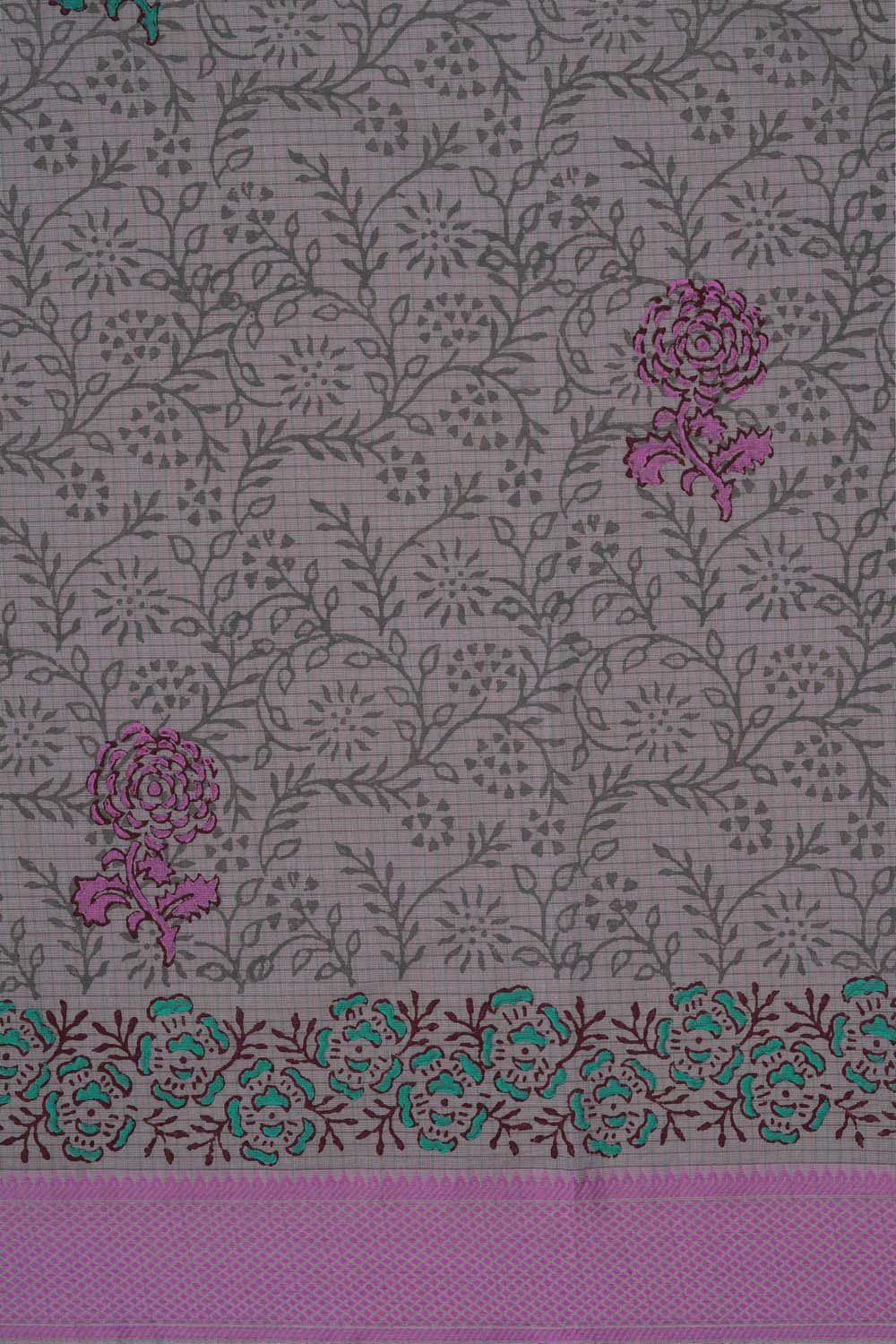 Image of Gray floral jaal with buta block printed cotton saree