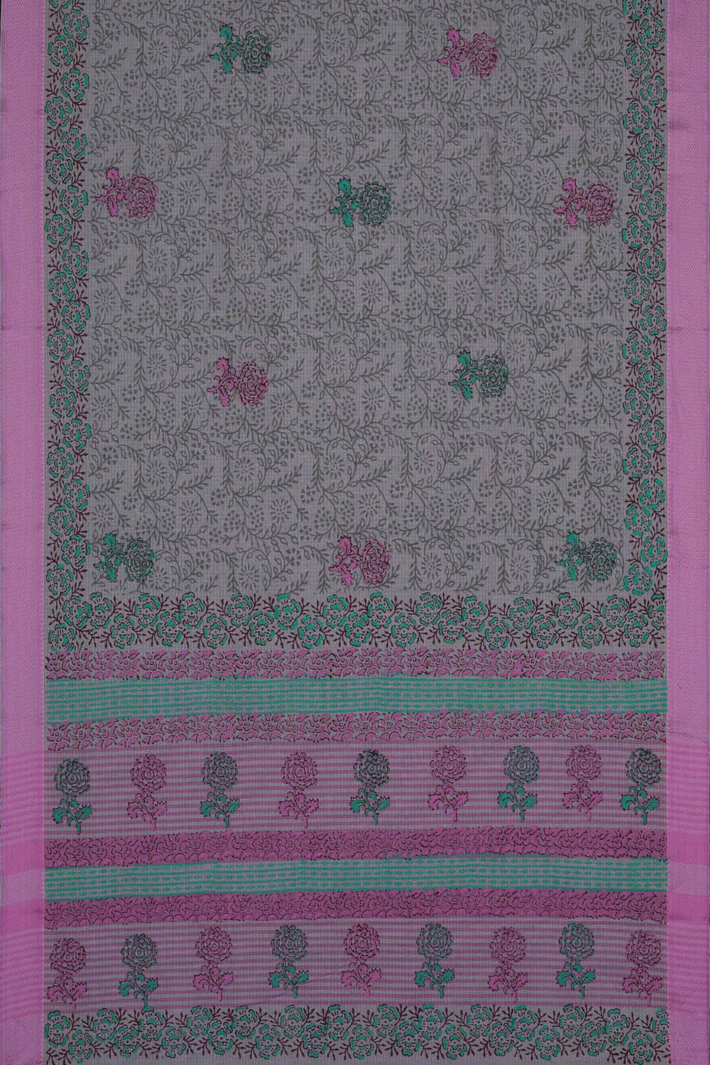 Image of Gray floral jaal with buta block printed cotton saree