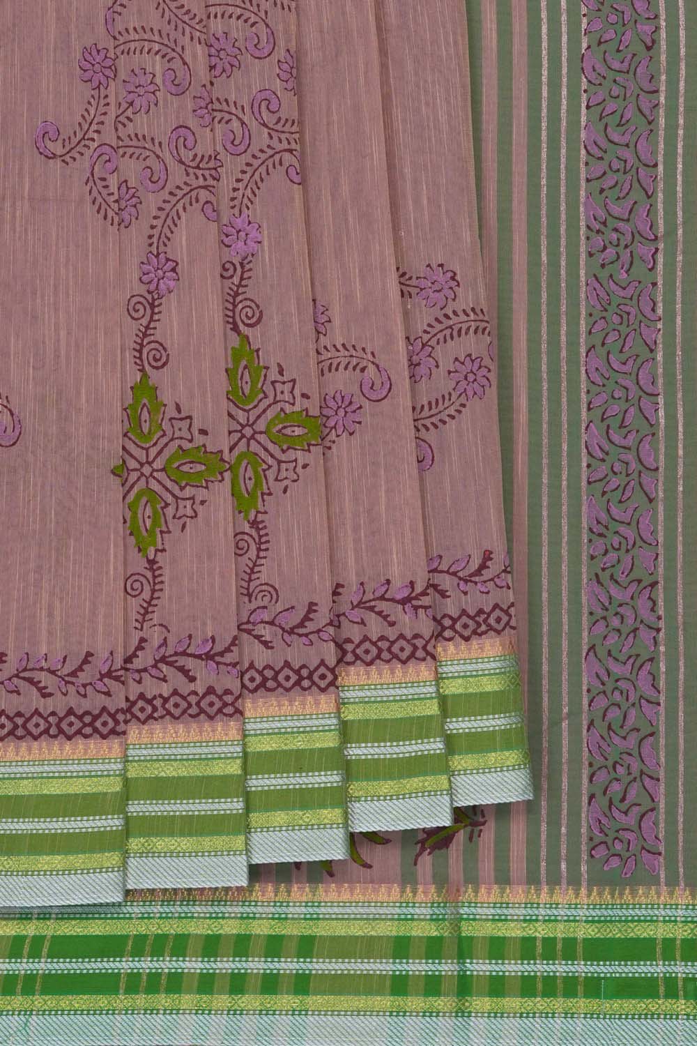 Image of Dusty Pink  floral buta block printed cotton saree