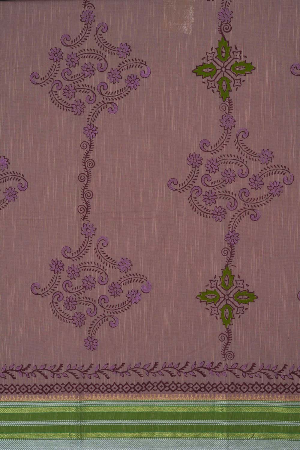 Image of Dusty Pink  floral buta block printed cotton saree