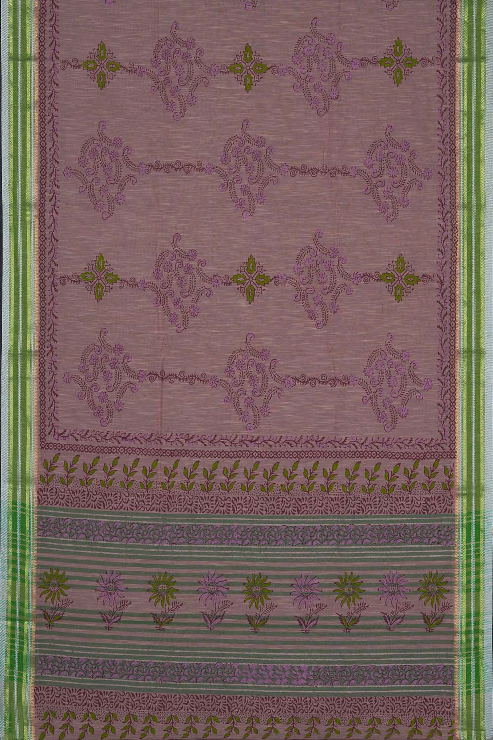 Image of Dusty Pink  floral buta block printed cotton saree