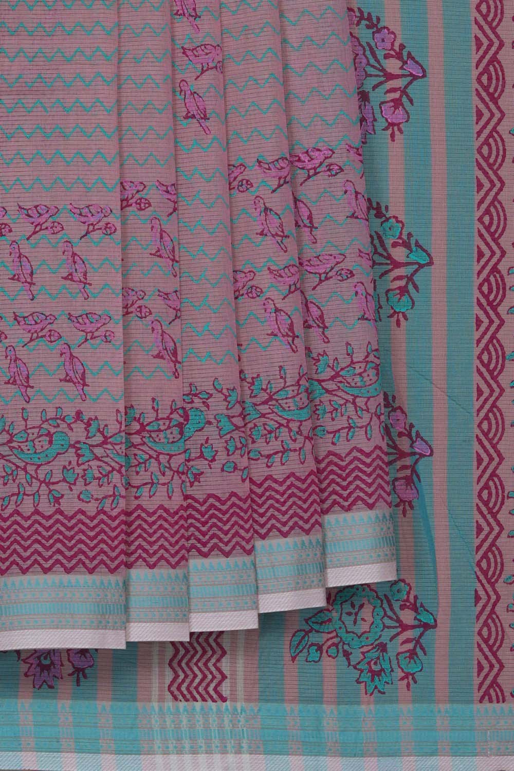 Image of Baby Pink with bird block printed cotton saree