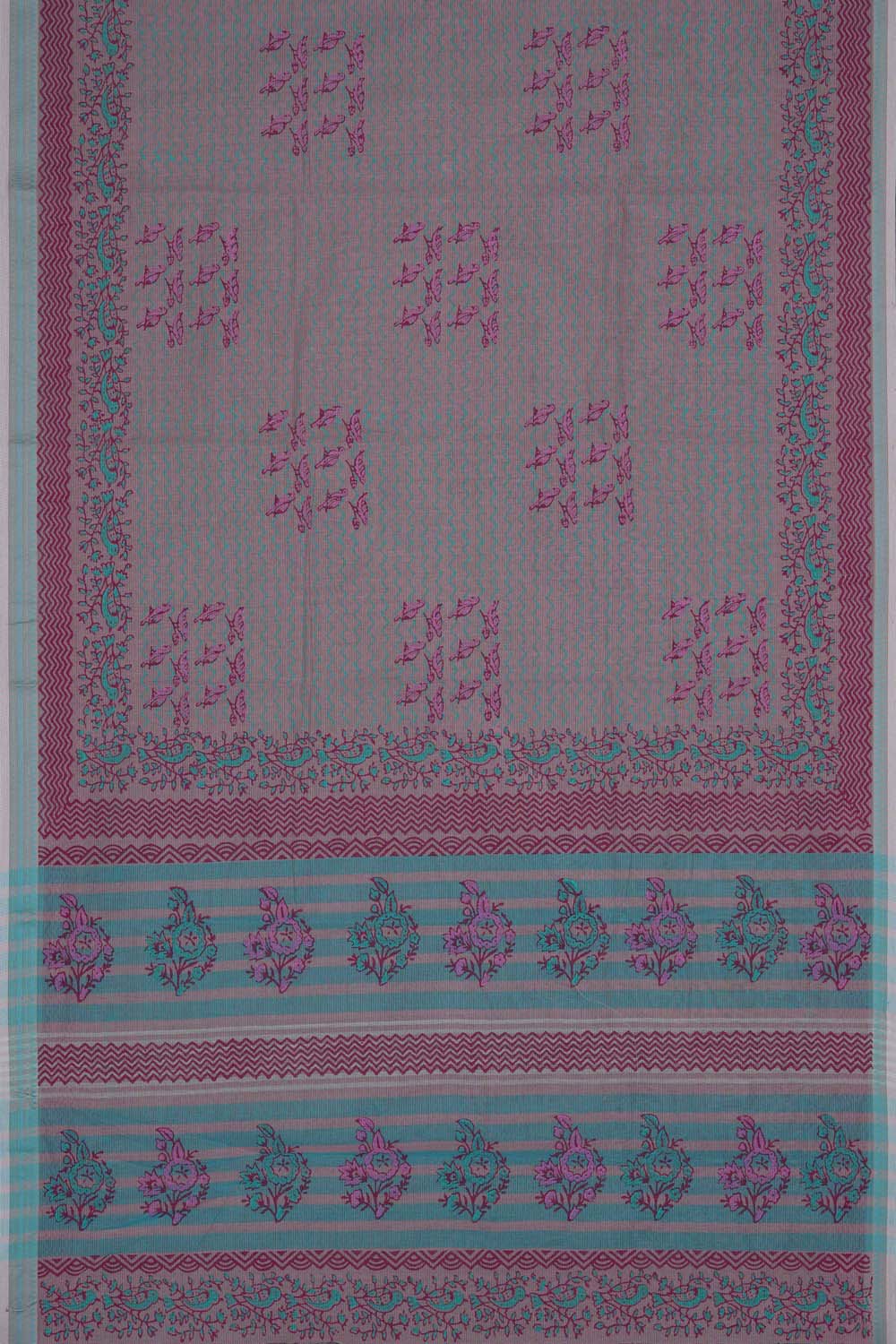 Image of Baby Pink with bird block printed cotton saree